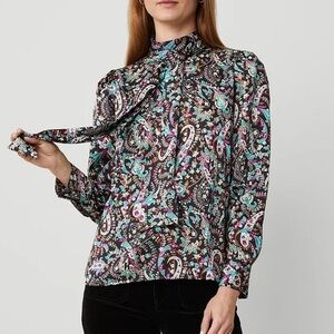 Ann Taylor Petite Paisley Mock Tie Neck Puff Sleeve Top size XSP